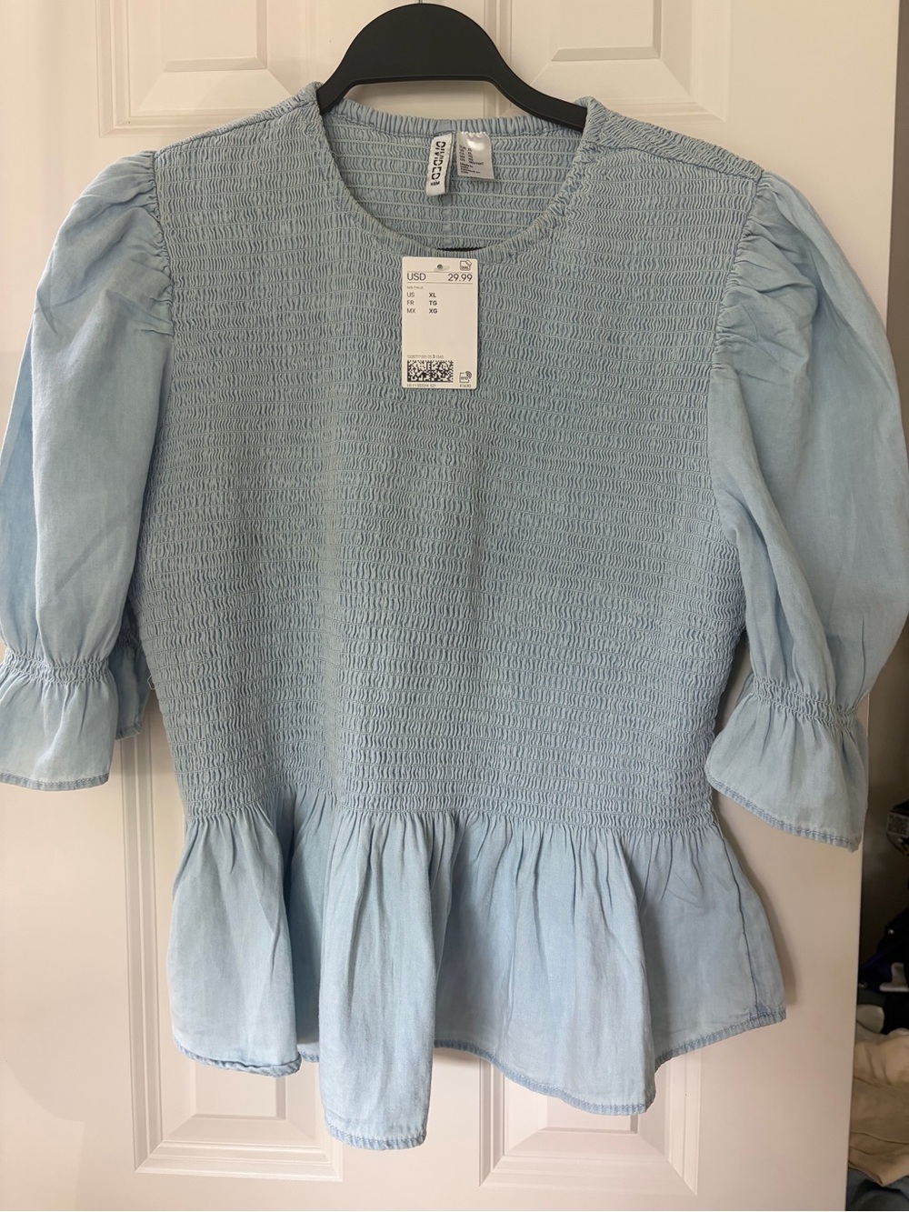 NWT H&M Light Blue Smocked Peplum Top with Puff Sleeves XL